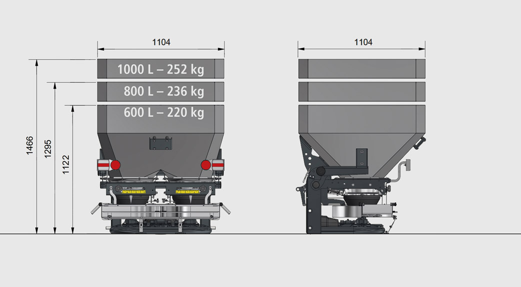 Fertilizer spreader dimensions and capacities: 600L-1000L, 220kg-252kg.