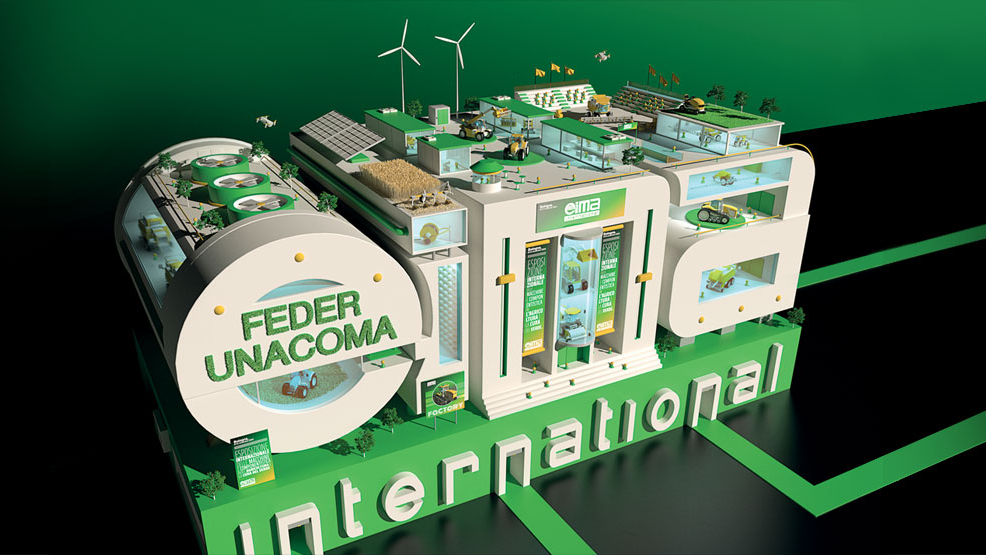 Современная выставка сельскохозяйственной техники в ярком зелёном дизайне.