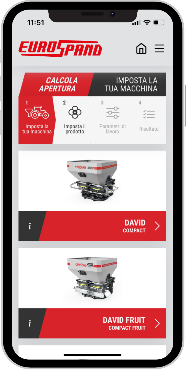 Interface de configuration des épandeurs Eurospand sur application mobile.