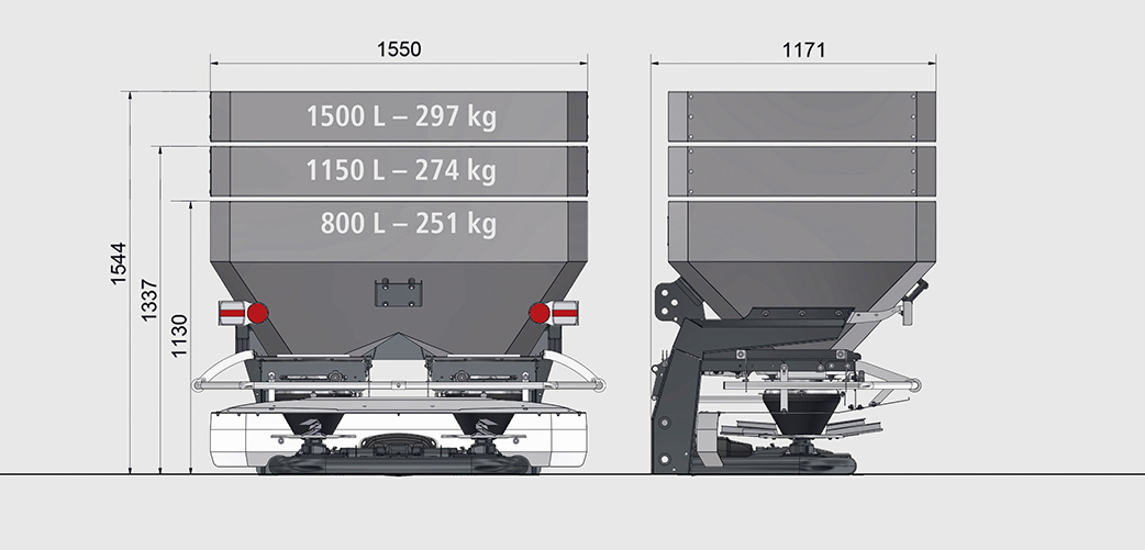 Spandiconcime Eurospand con capacità variabile da 800 a 1500 litri.