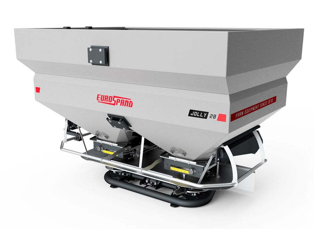 Eurospand Jolly 28 fertilizer spreader, modern design, gray and red colors.