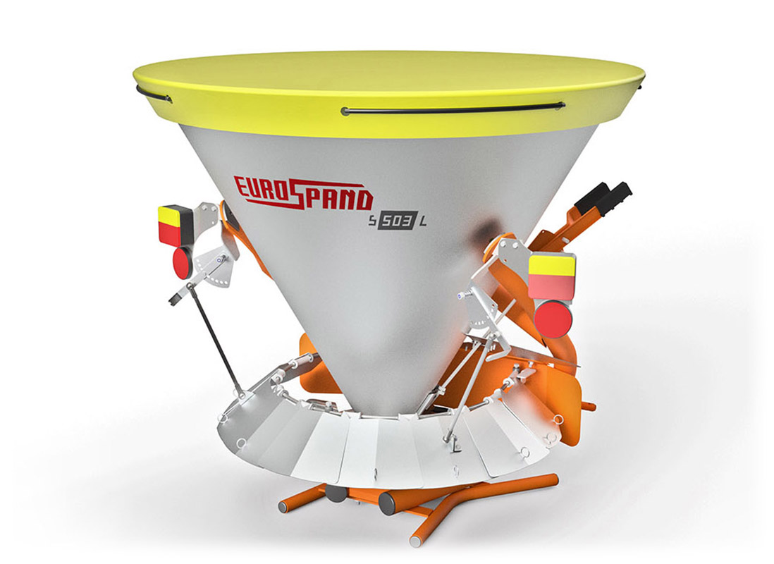 Macchina spandiconcime Eurospand S503L grigia e gialla con dettagli arancioni.