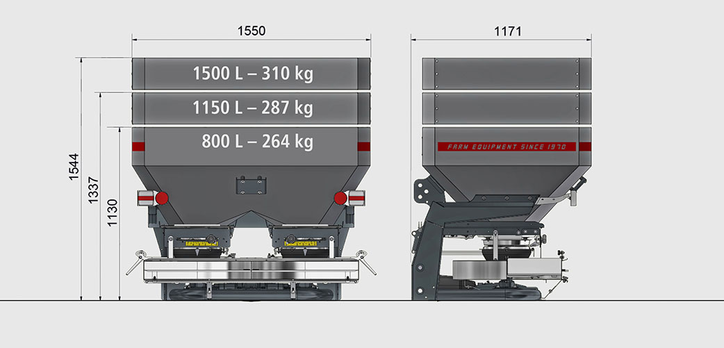 Disegno tecnico di uno spandiconcime Eurospand con capacità e dimensioni specifiche.