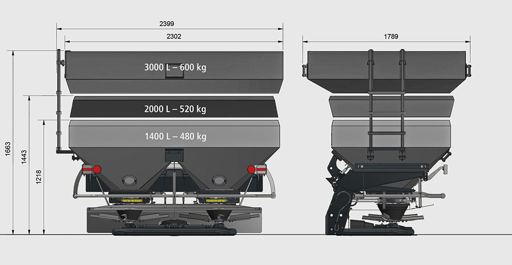 Spandiconcime Eurospand cu capacități de 1400 L, 2000 L și 3000 L, vedere din față și lateral.