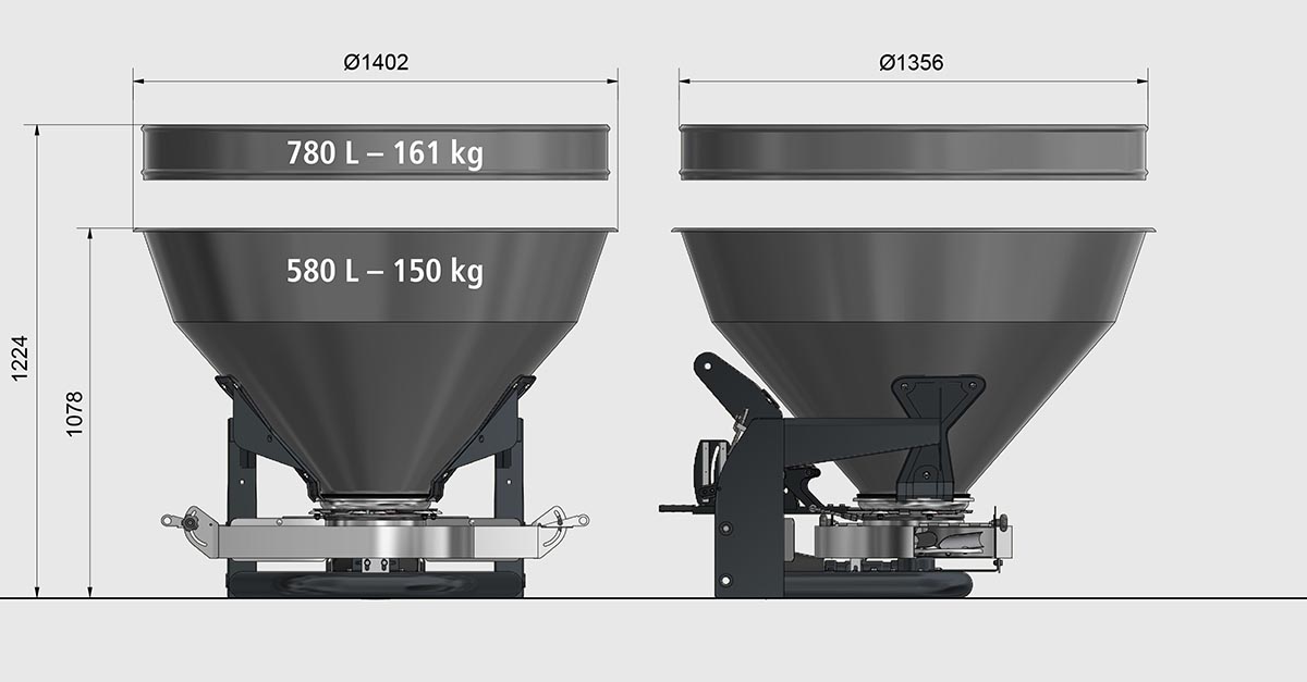 Design di spandiconcime Eurospand con capacità 580-780L, dettagli tecnici inclusi.