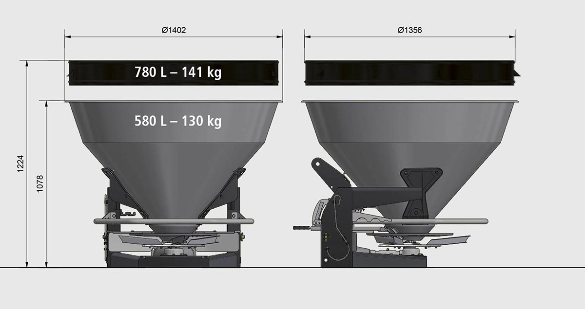 Professional fertilizer spreader dimensions and capacities comparison.