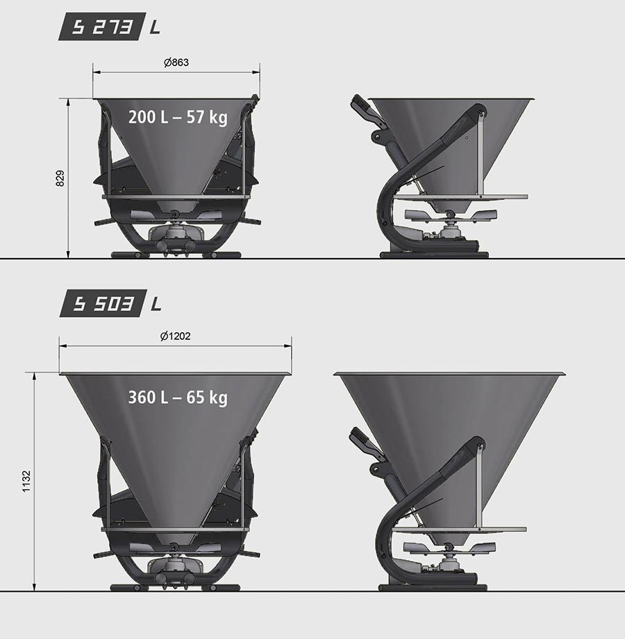 Modele de mașini de împrăștiat îngrășăminte Eurospand, capacitate și dimensiuni variate.