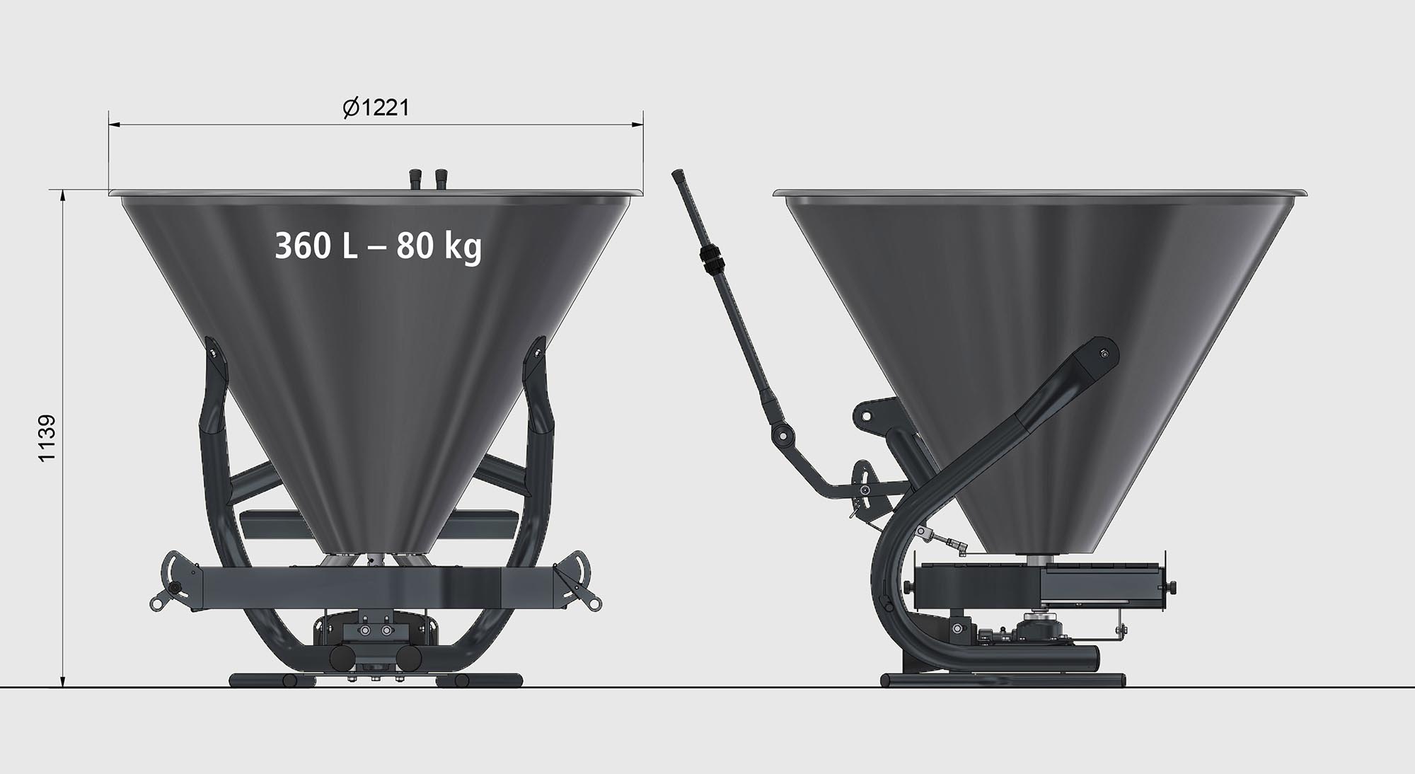 Spandiconcime Eurospand, capacità 360L, peso 80kg, vista frontale e laterale.