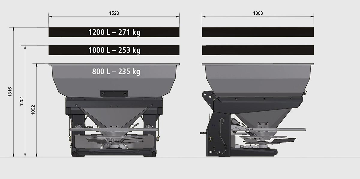 Desen tehnic spandiconcime Eurospand, capacitate 800-1200 L, greutate 235-271 kg.