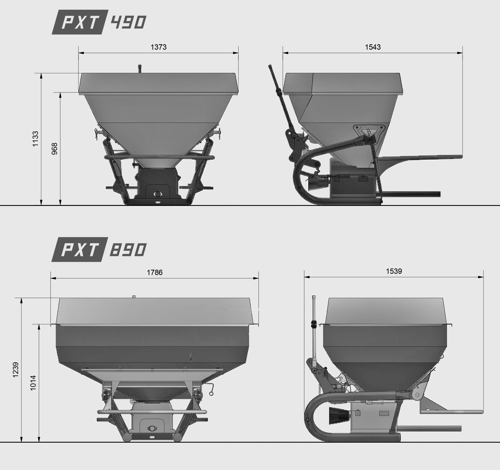 PXT 490 and 890 fertilizer spreader diagrams with detailed measurements.
