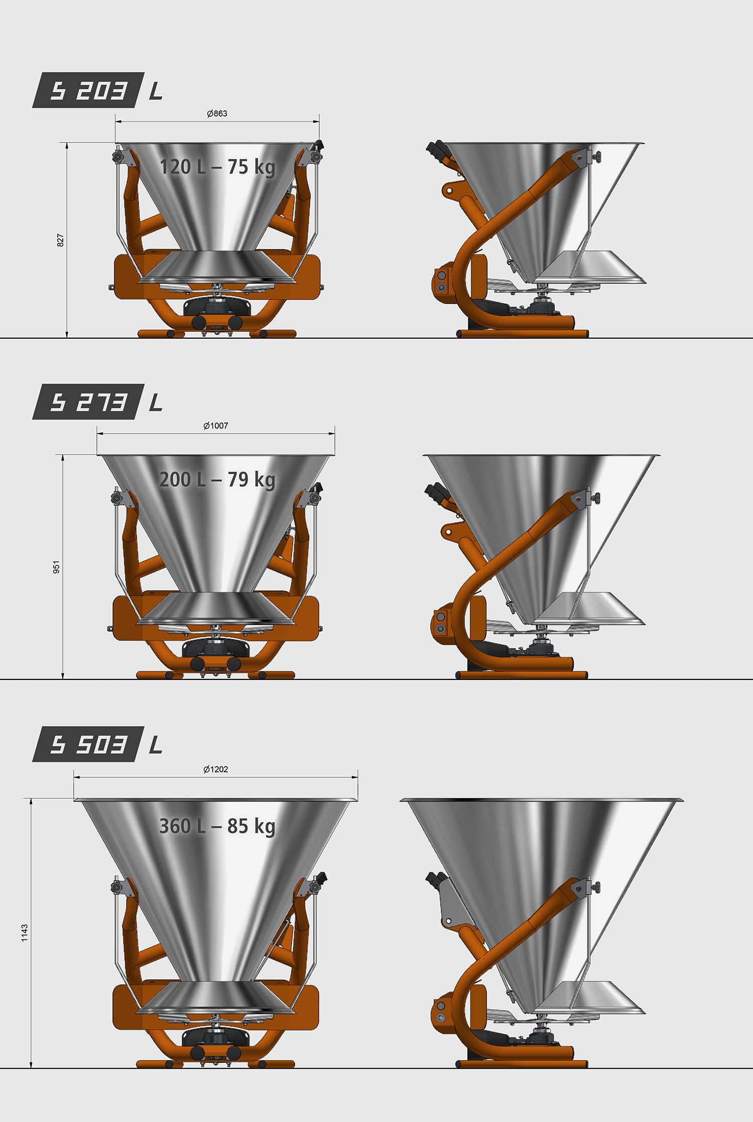 Модели спандиконцев Eurospand: S 203 L, S 273 L, S 503 L с ёмкостью и весом.
