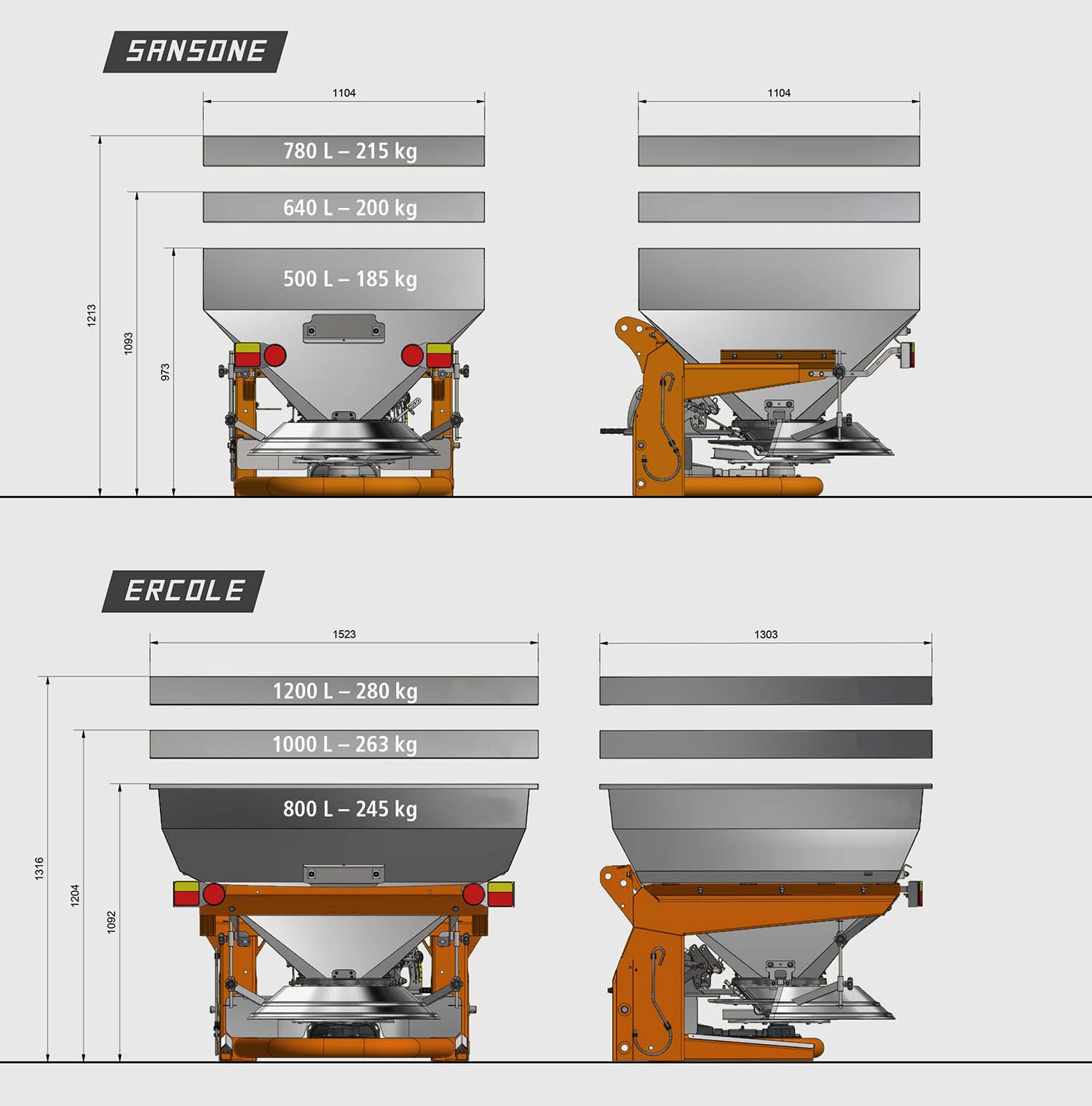 Изображение размеров и весов моделей распылителей Sansone и Ercole.