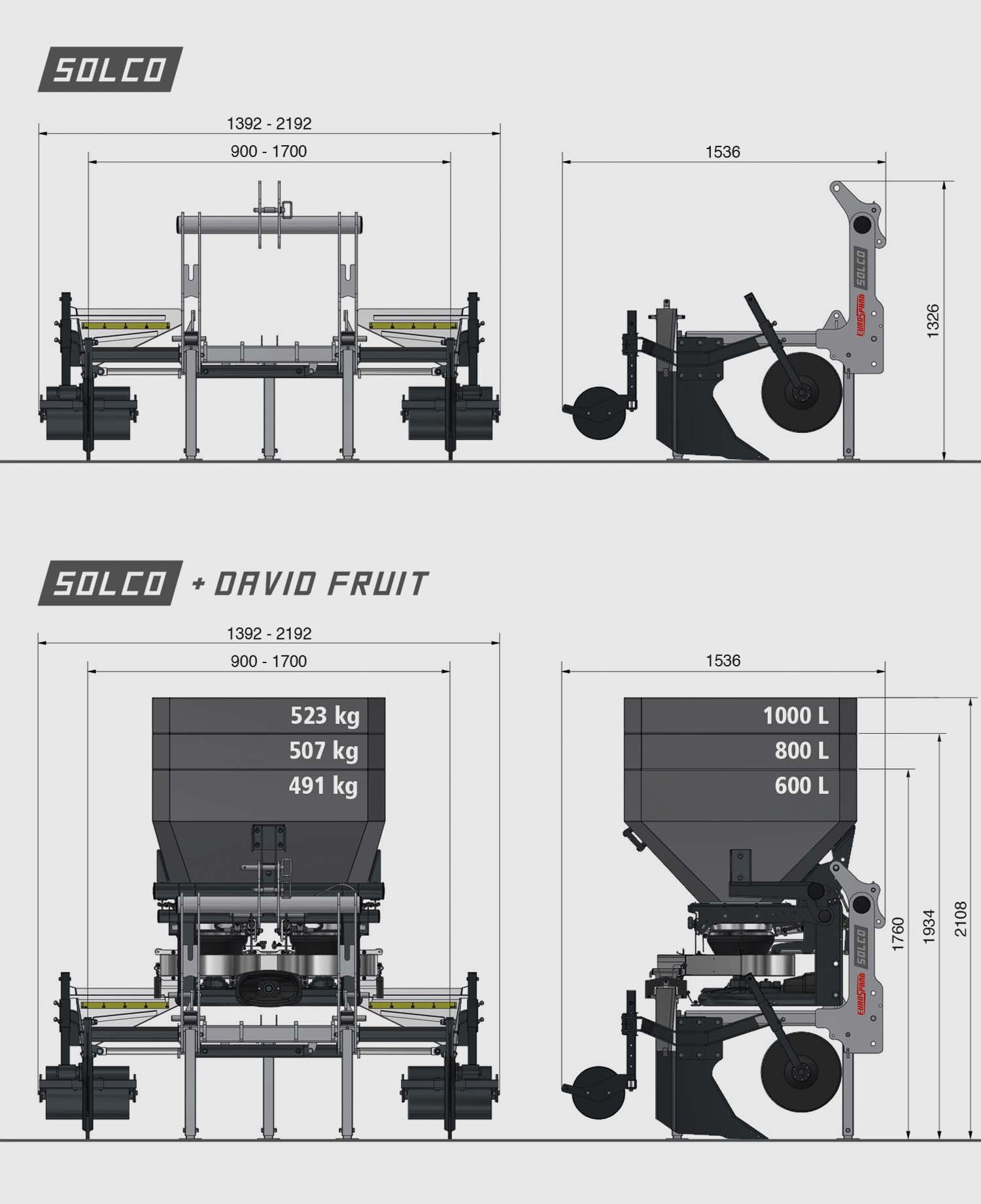 Disegno tecnico delle macchine spandiconcime Eurospand Solco e Solco + David Fruit.